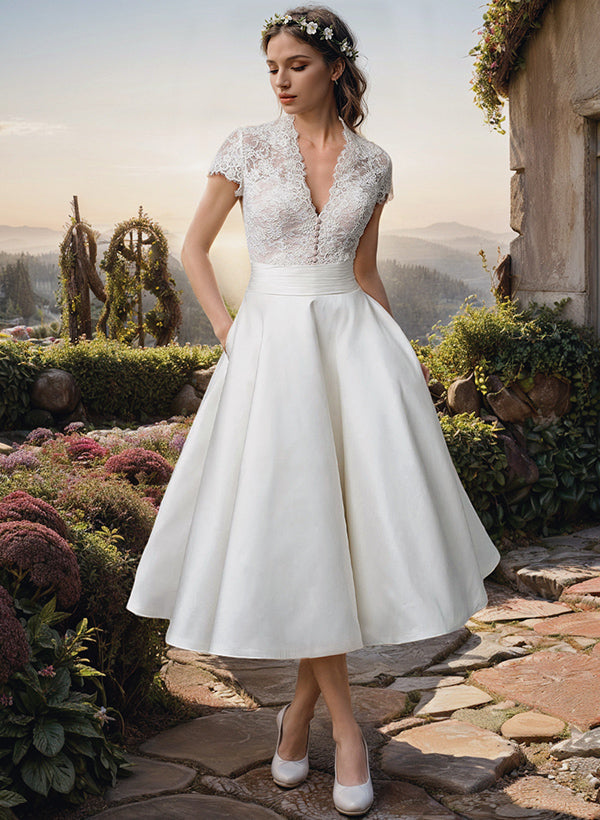 Ball Gown V-Neck Tea-Length Lace Wedding Dress With Button/Pleated BabaMila