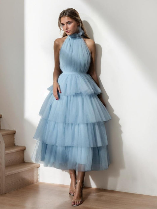 A-Line/Princess Halter Sleeveless Tea-Length Prom Evening Dresses with Cascading Ruffles BabaMila