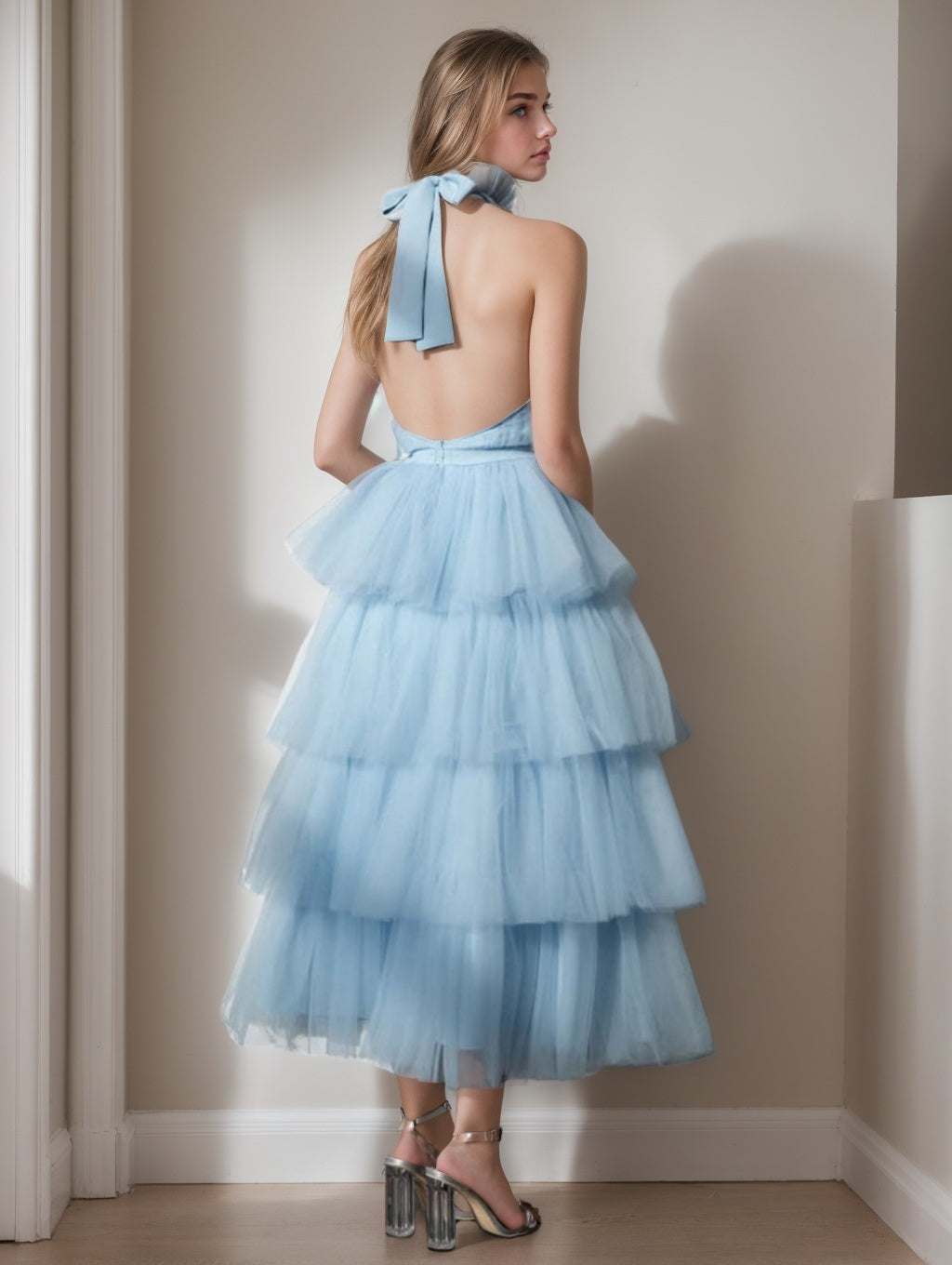 A-Line/Princess Halter Sleeveless Tea-Length Prom Evening Dresses with Cascading Ruffles BabaMila