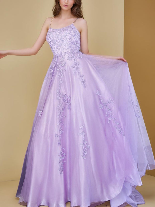 A-Line/Princess Spaghetti Straps Sleeveless Floor-Length Prom Evening Dresses with Appliques BabaMila