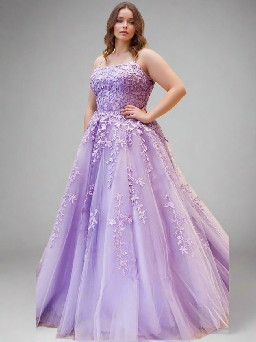 A-Line/Princess Spaghetti Straps Sleeveless Floor-Length Prom Evening Dresses with Appliques BabaMila