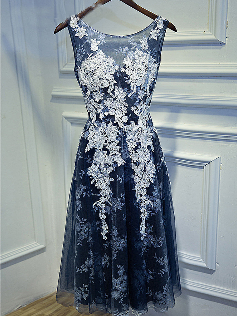 Homecoming Dress Appliques Dark Navy Lace-up Short Prom Dress Party Dress Homecoming Dress BabaMila
