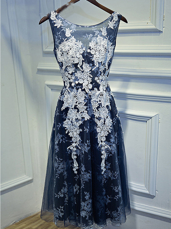 Homecoming Dress Appliques Dark Navy Lace-up Short Prom Dress Party Dress Homecoming Dress BabaMila