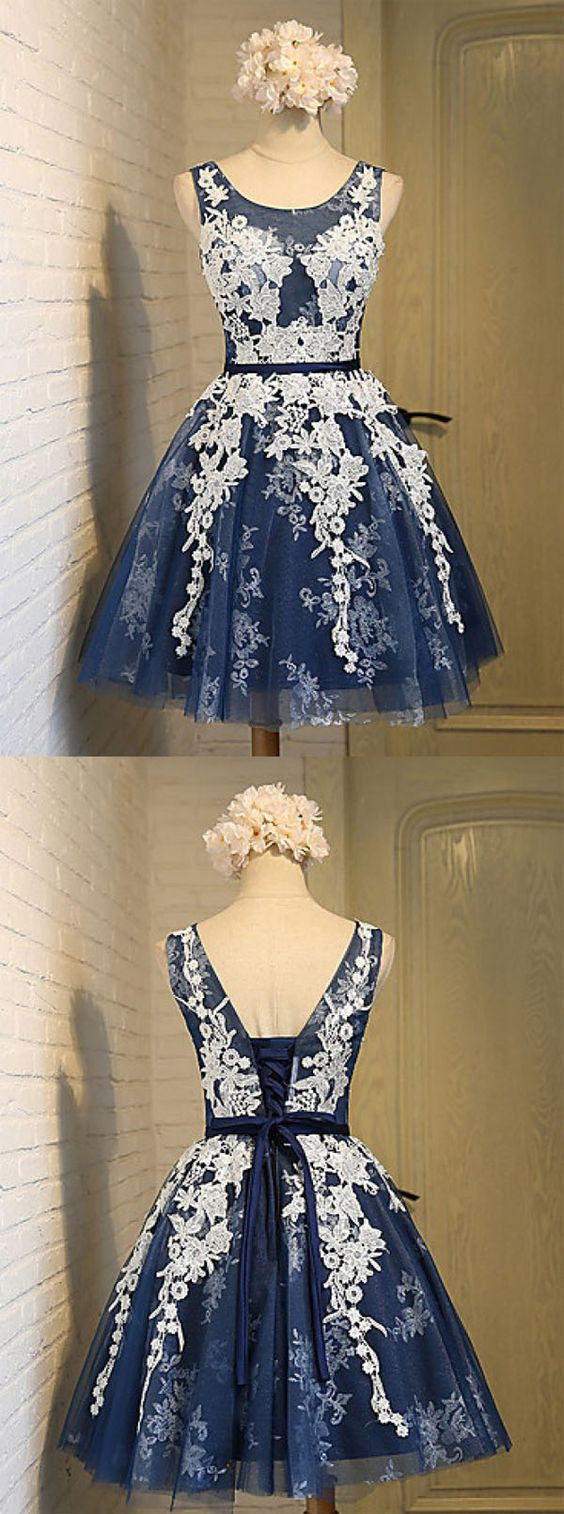 Homecoming Dress Appliques Dark Navy Lace-up Short Prom Dress Party Dress Homecoming Dress BabaMila