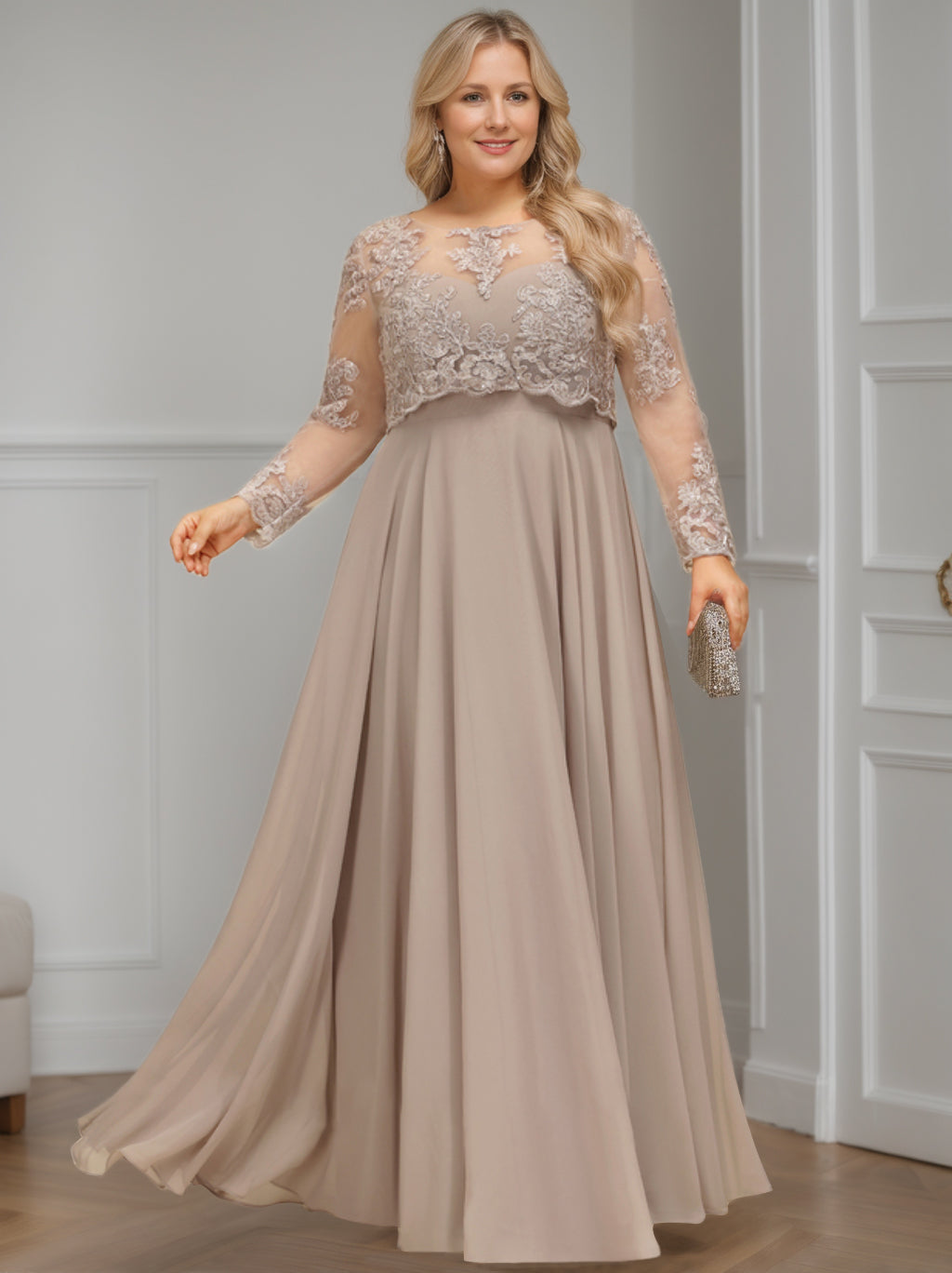 A-Line/Princess Scoop Long Sleeves Floor-Length Plus Size Mother Of The Bride Dresses With Sequins BabaMila