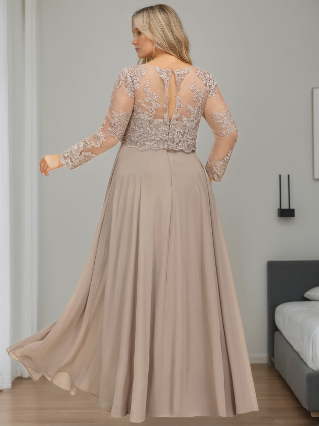 A-Line/Princess Scoop Long Sleeves Floor-Length Plus Size Mother Of The Bride Dresses With Sequins BabaMila