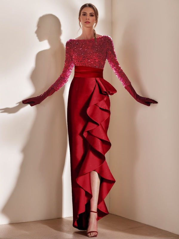 Sheath/Column Jewel Neck Long Sleeves Asymmetrical Evening Prom Dress with Split Slit/Ruffles BabaMila