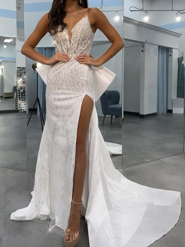 Sheath/Column Spaghetti Straps V-Neck Wedding Dress with Sequins/Split Side/Bow BabaMila