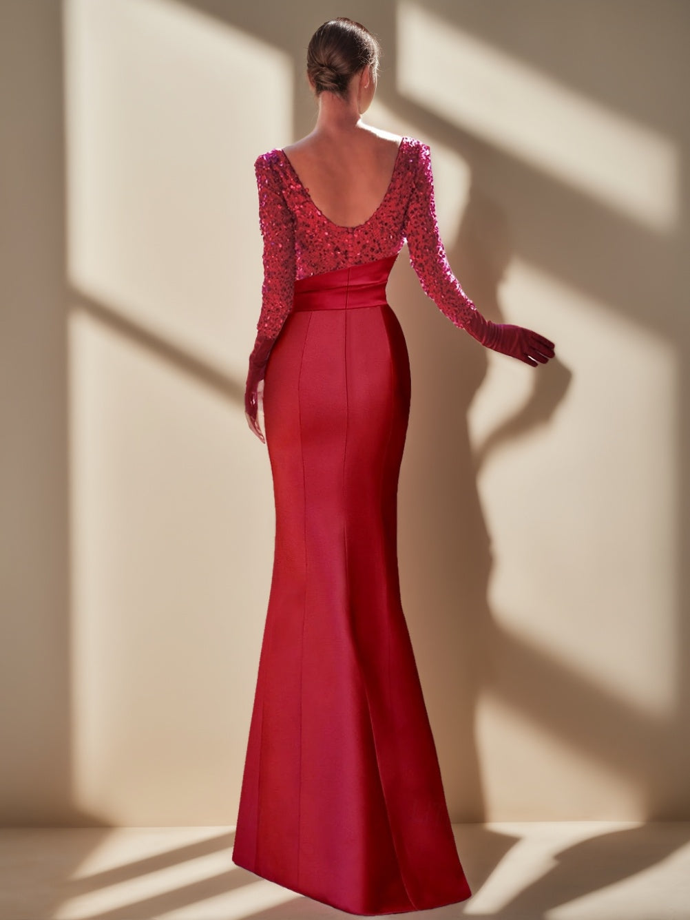 Sheath/Column Jewel Neck Long Sleeves Asymmetrical Evening Prom Dress with Split Slit/Ruffles BabaMila