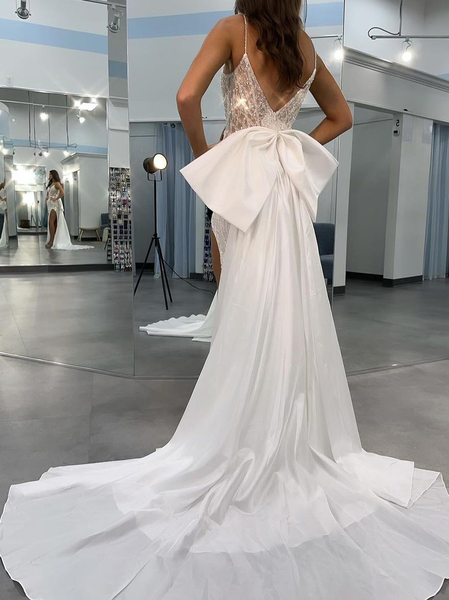 Sheath/Column Spaghetti Straps V-Neck Wedding Dress with Sequins/Split Side/Bow BabaMila