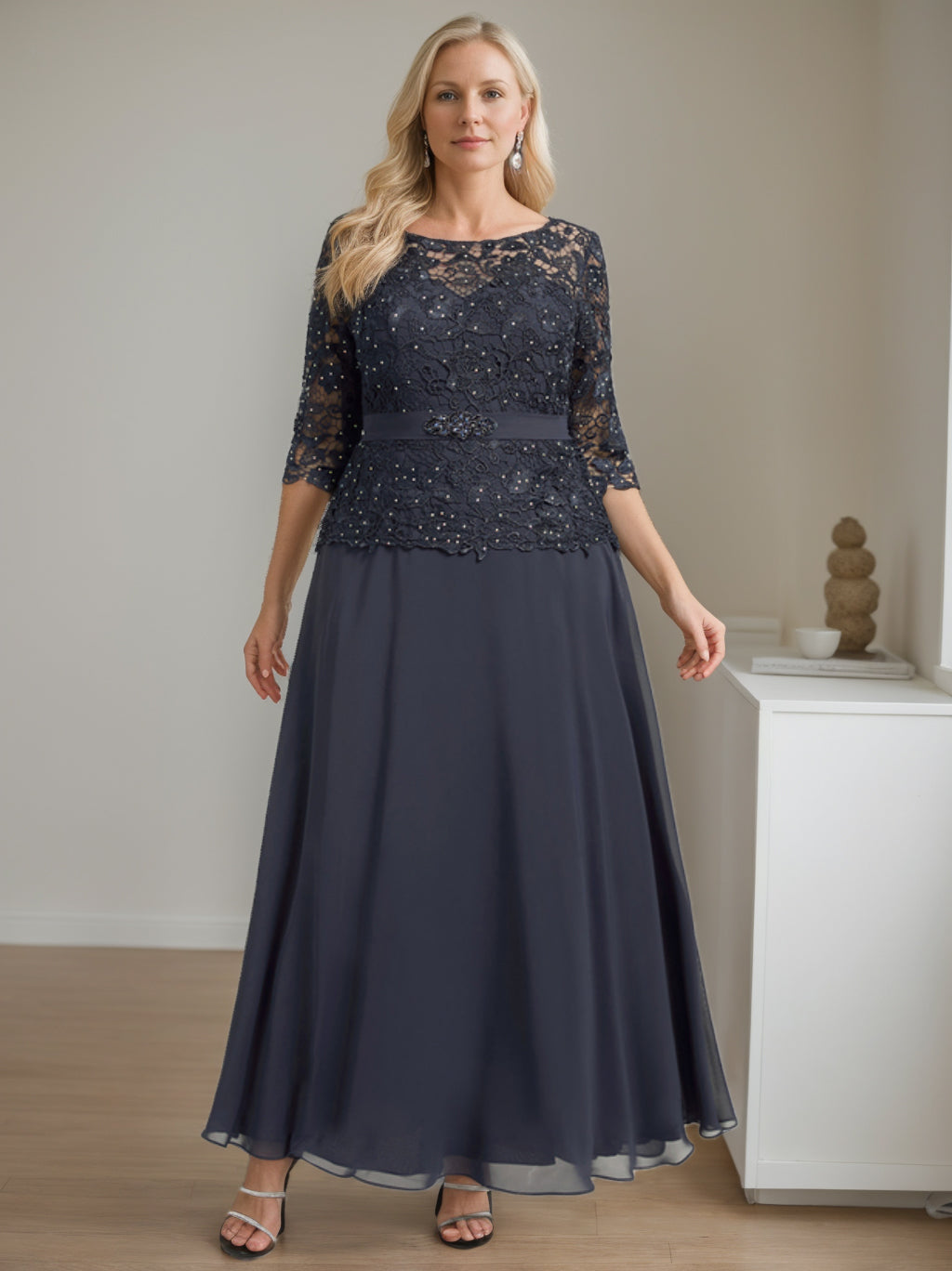 A-Line/Princess Scoop Half Sleeves Ankle-Length Plus Size Mother Of The Bride Dresses With Beading & Rhinestone BabaMila