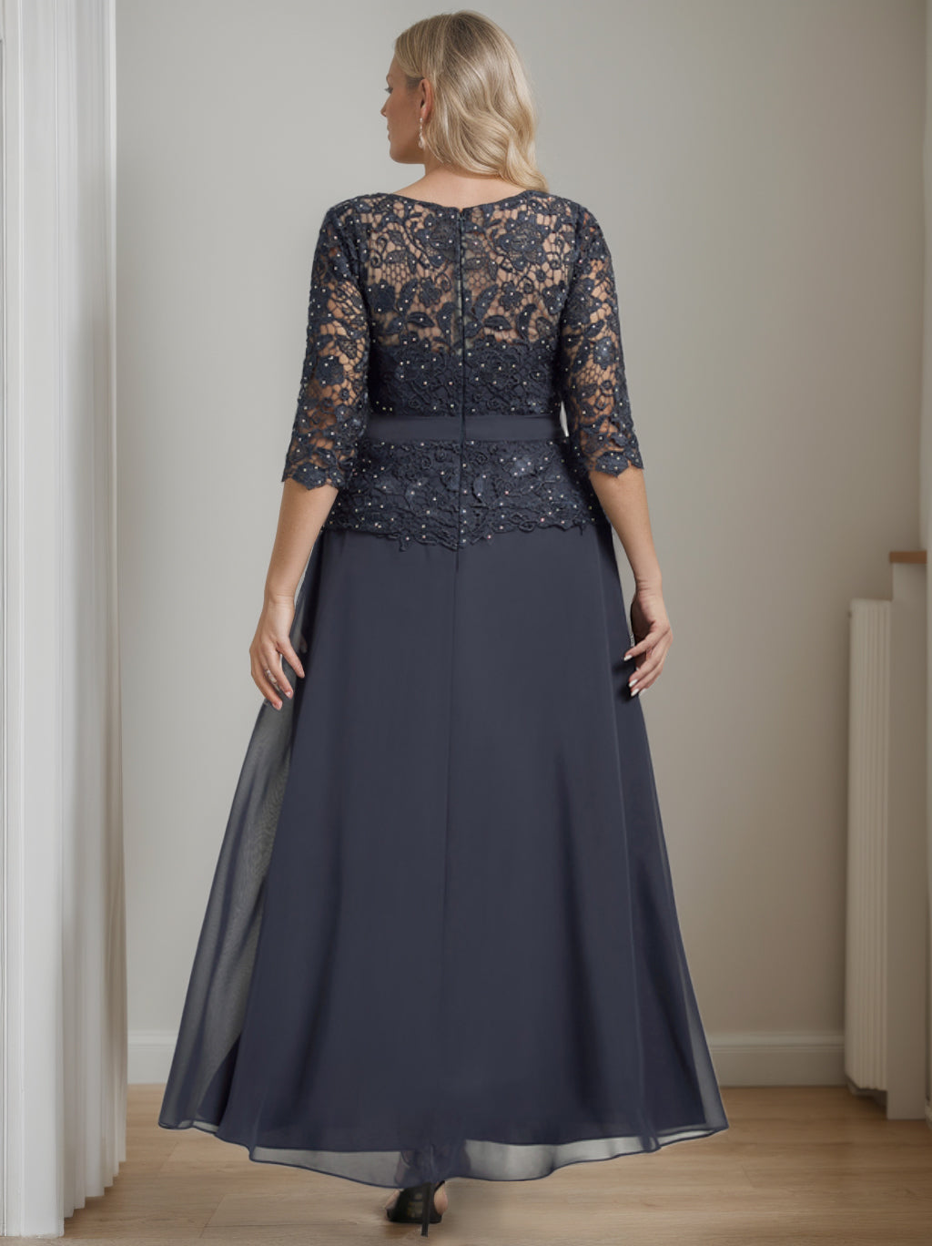 A-Line/Princess Scoop Half Sleeves Ankle-Length Plus Size Mother Of The Bride Dresses With Beading & Rhinestone BabaMila
