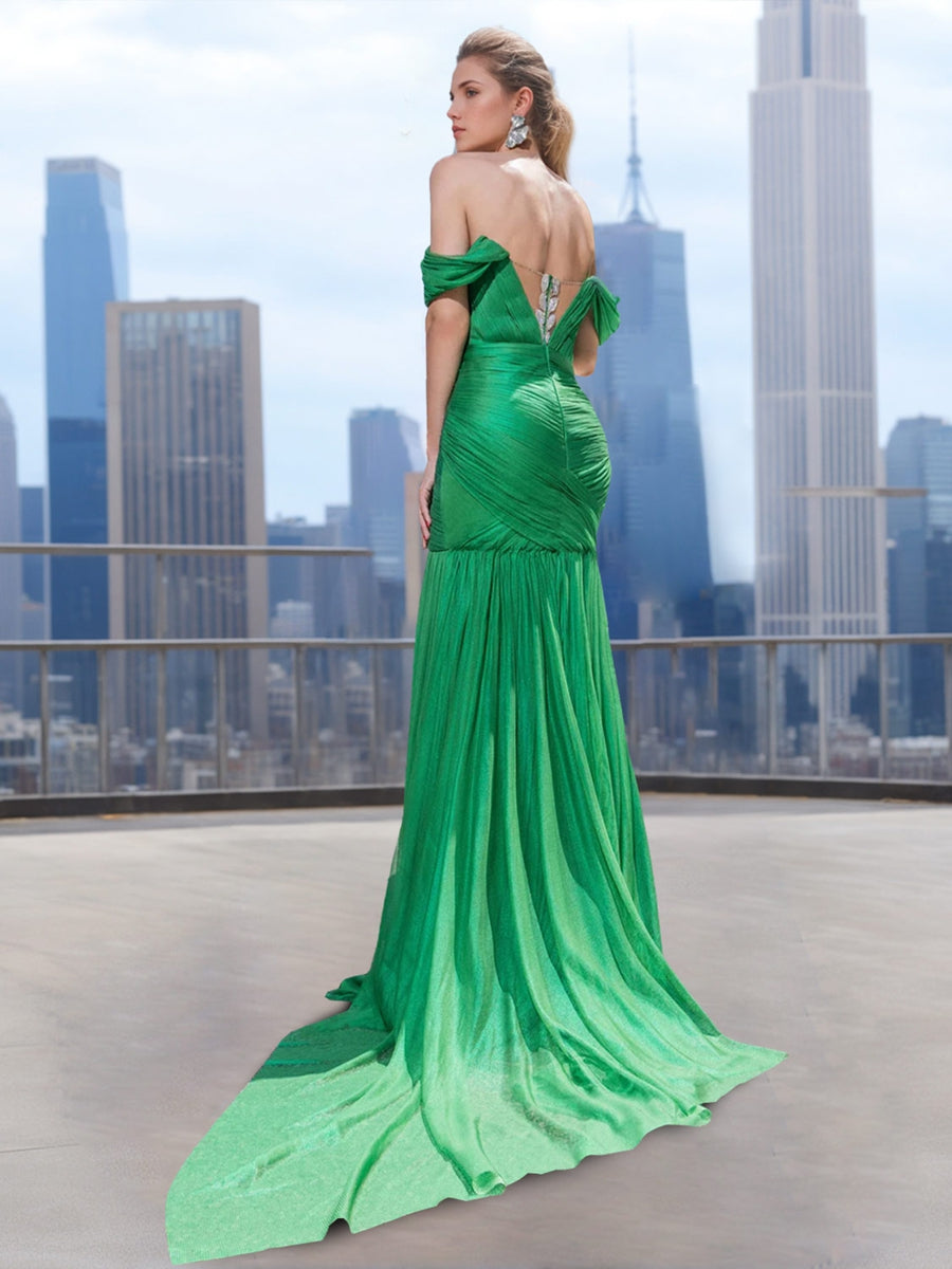 Mermaid Off-the-Shoulder Sweetheart Neck Sweep Train/Floor-Length Prom Evening Dresses with Pleated/Split Side BabaMila
