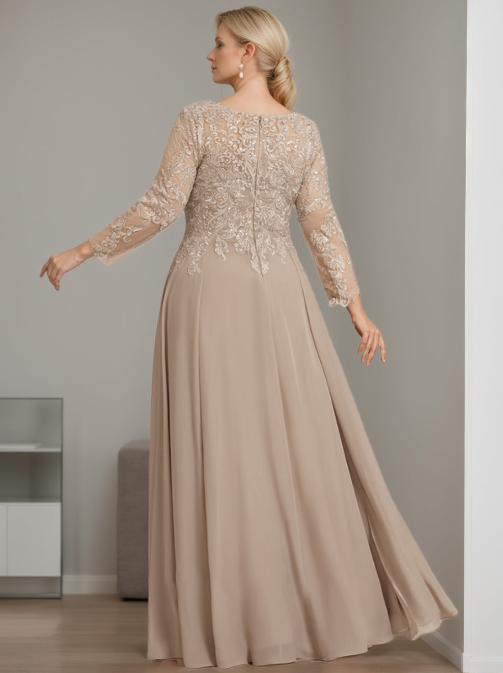 A-Line/Princess V-Neck 3/4 Length Sleeves Floor-Length Plus Size Mother Of The Bride Dresses With Sequins BabaMila