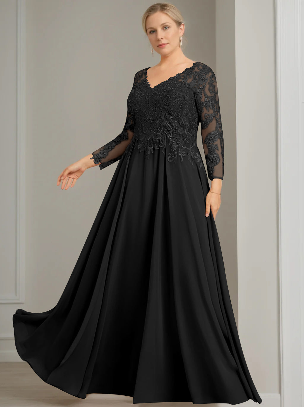 A-Line/Princess V-Neck 3/4 Length Sleeves Floor-Length Plus Size Mother Of The Bride Dresses With Sequins BabaMila