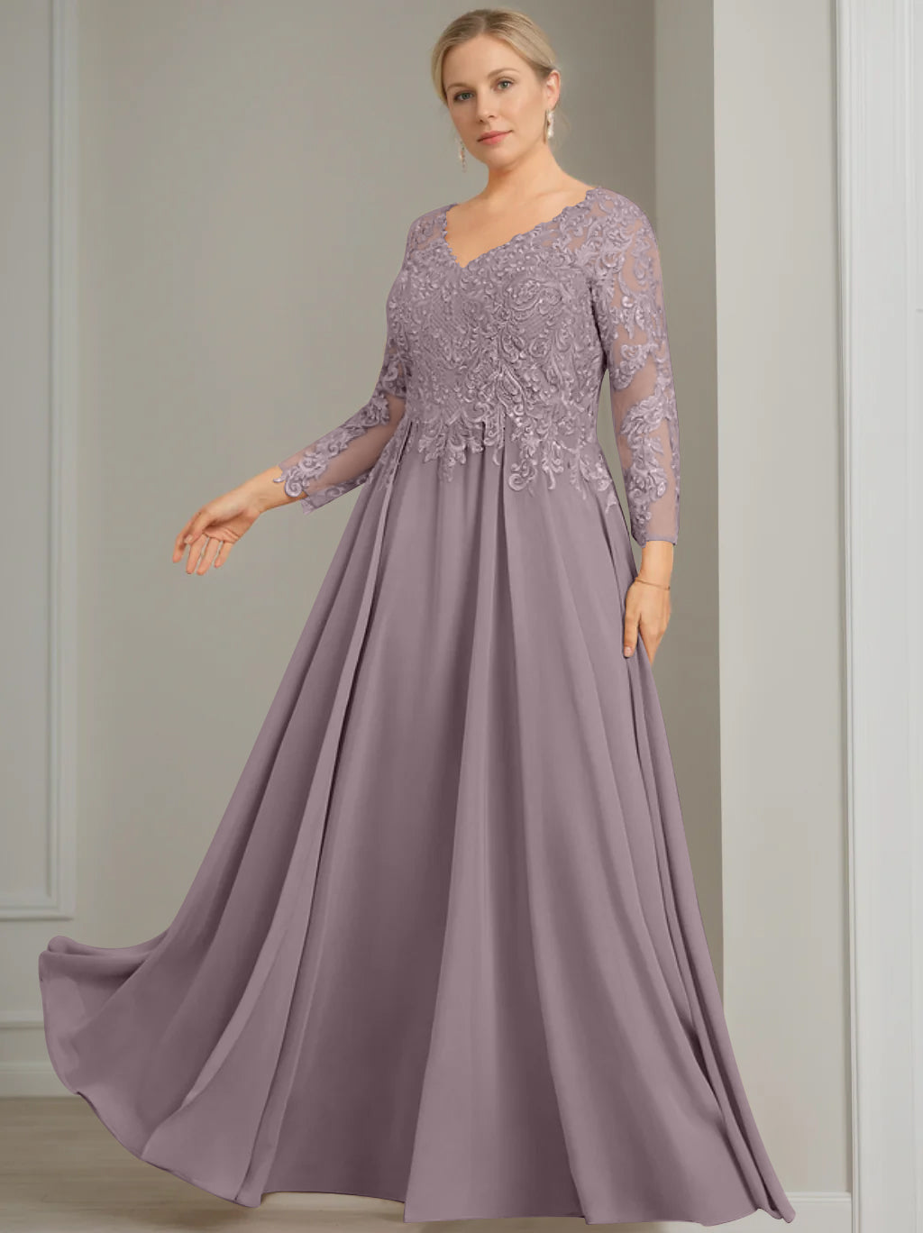 A-Line/Princess V-Neck 3/4 Length Sleeves Floor-Length Plus Size Mother Of The Bride Dresses With Sequins BabaMila