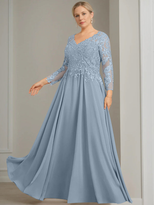 A-Line/Princess V-Neck 3/4 Length Sleeves Floor-Length Plus Size Mother Of The Bride Dresses With Sequins BabaMila