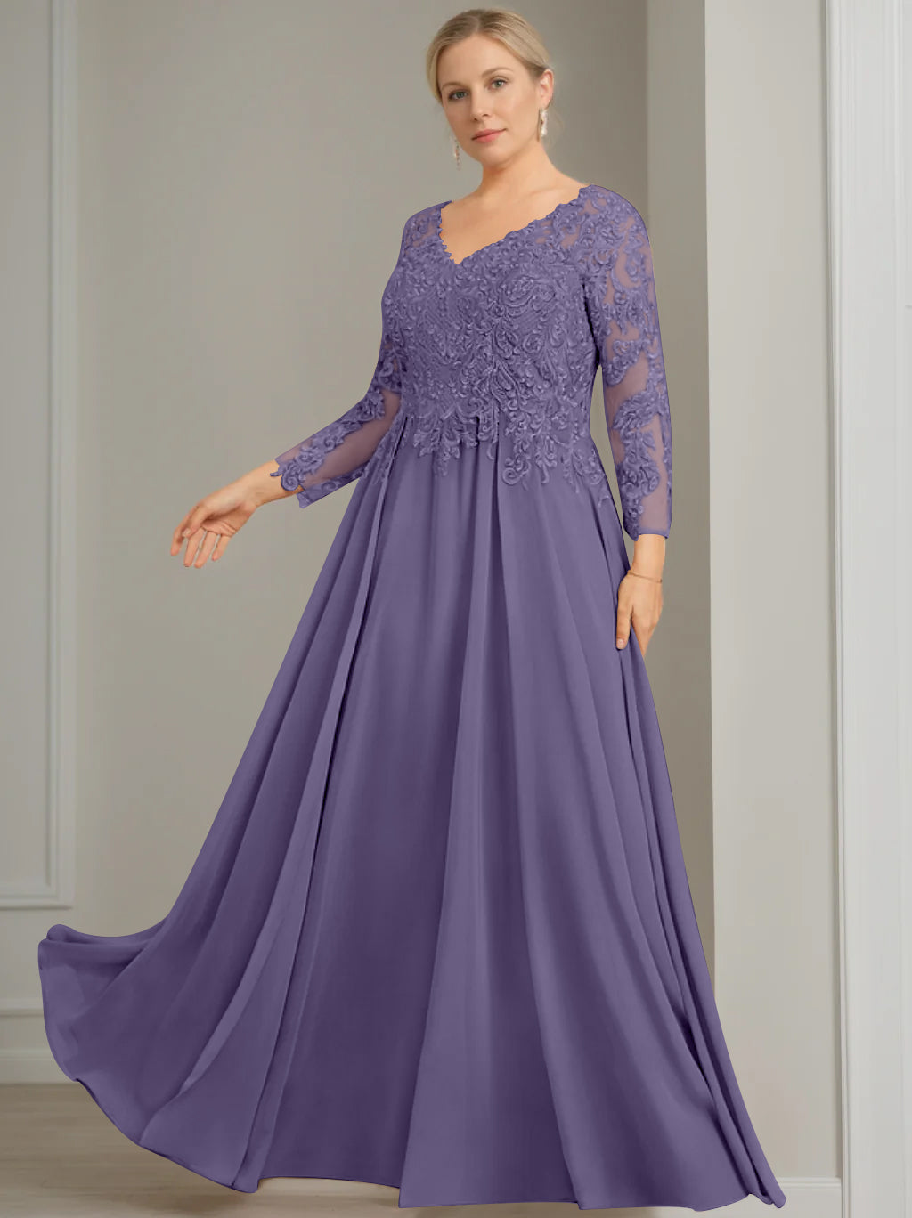 A-Line/Princess V-Neck 3/4 Length Sleeves Floor-Length Plus Size Mother Of The Bride Dresses With Sequins BabaMila