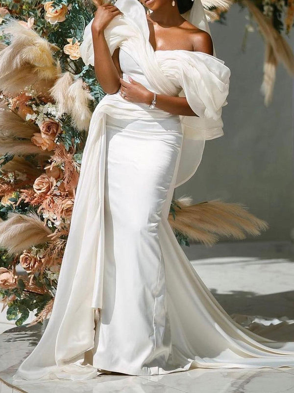 Trumpet/Mermaid Elastic Satin Asymmetrical Off-the-Shoulder Wedding Dress BabaMila