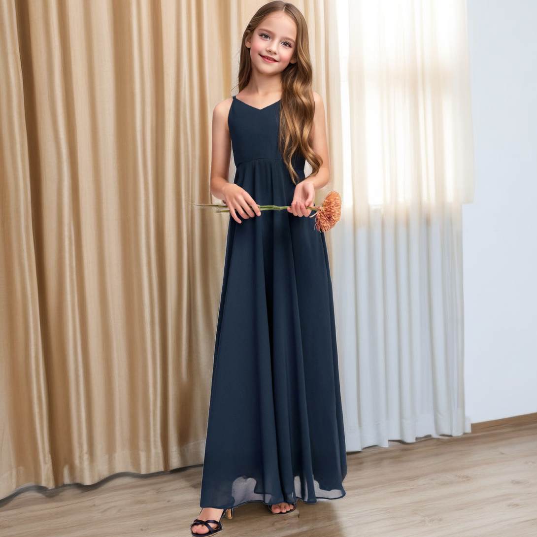 A-line V-Neck Floor-Length Chiffon Junior Bridesmaid Dress With Bow Girls Gidiondress