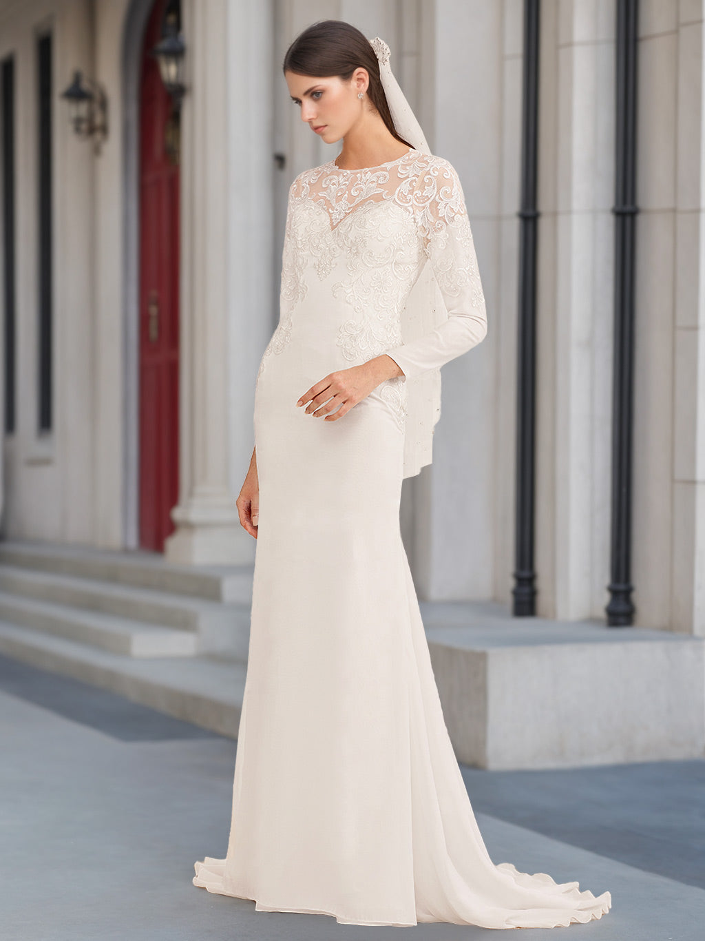 Trumpet/Mermaid Scoop Neck Long Sleeves Floor-length Wedding Dress with Appliques BabaMila