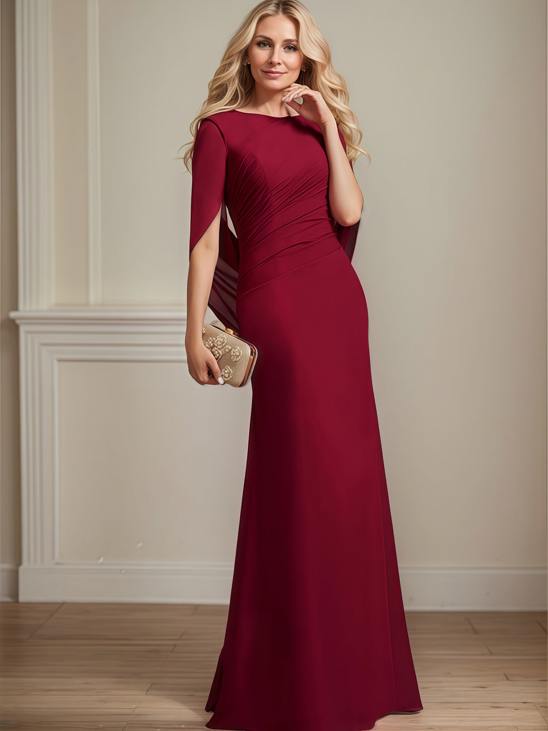 Mermaid Scoop Neck Cape Floor-Length Chiffon Mother of the Bride Dress With Pleated BabaMila