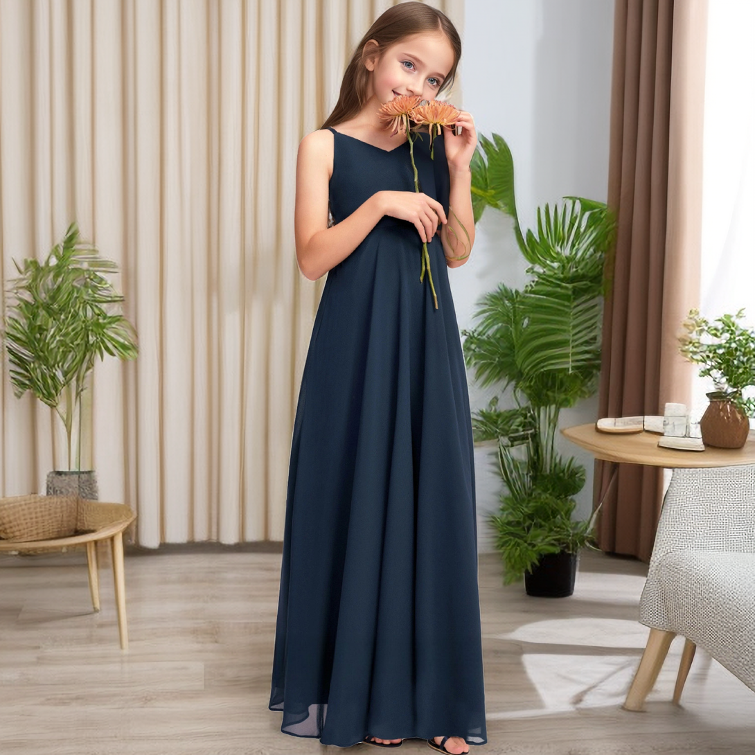 A-line V-Neck Floor-Length Chiffon Junior Bridesmaid Dress With Bow Girls Gidiondress