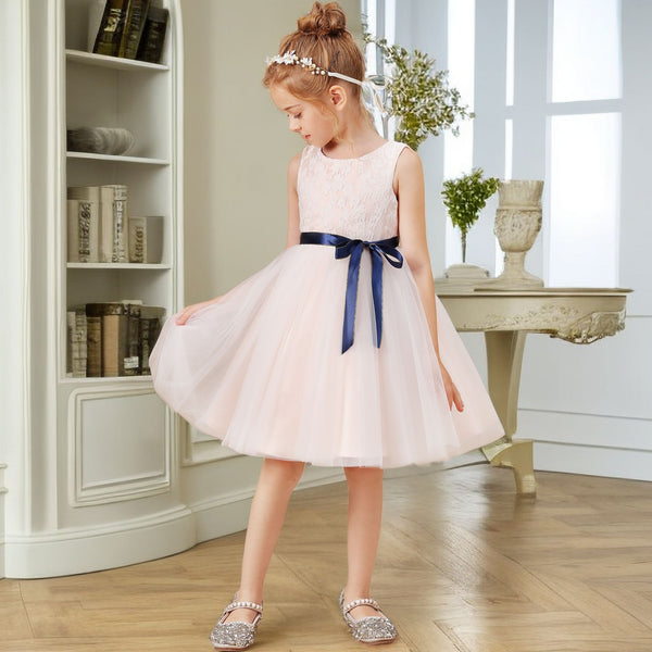 A-line Sleeveless Scoop Neck Knee-Length Lace Satin Tulle Flower Girl Dresses With Removable Navy Blue Ribbon Gidiondress