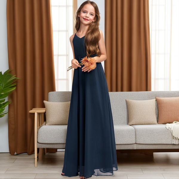 A-line V-Neck Floor-Length Chiffon Junior Bridesmaid Dress With Bow Girls Gidiondress as picture 12M