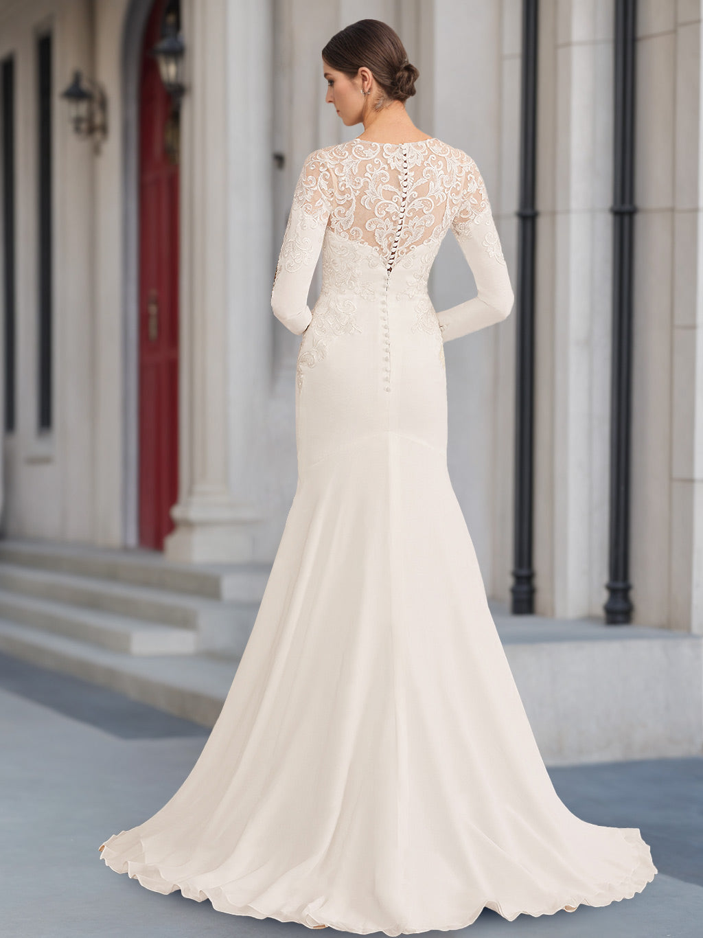 Trumpet/Mermaid Scoop Neck Long Sleeves Floor-length Wedding Dress with Appliques BabaMila