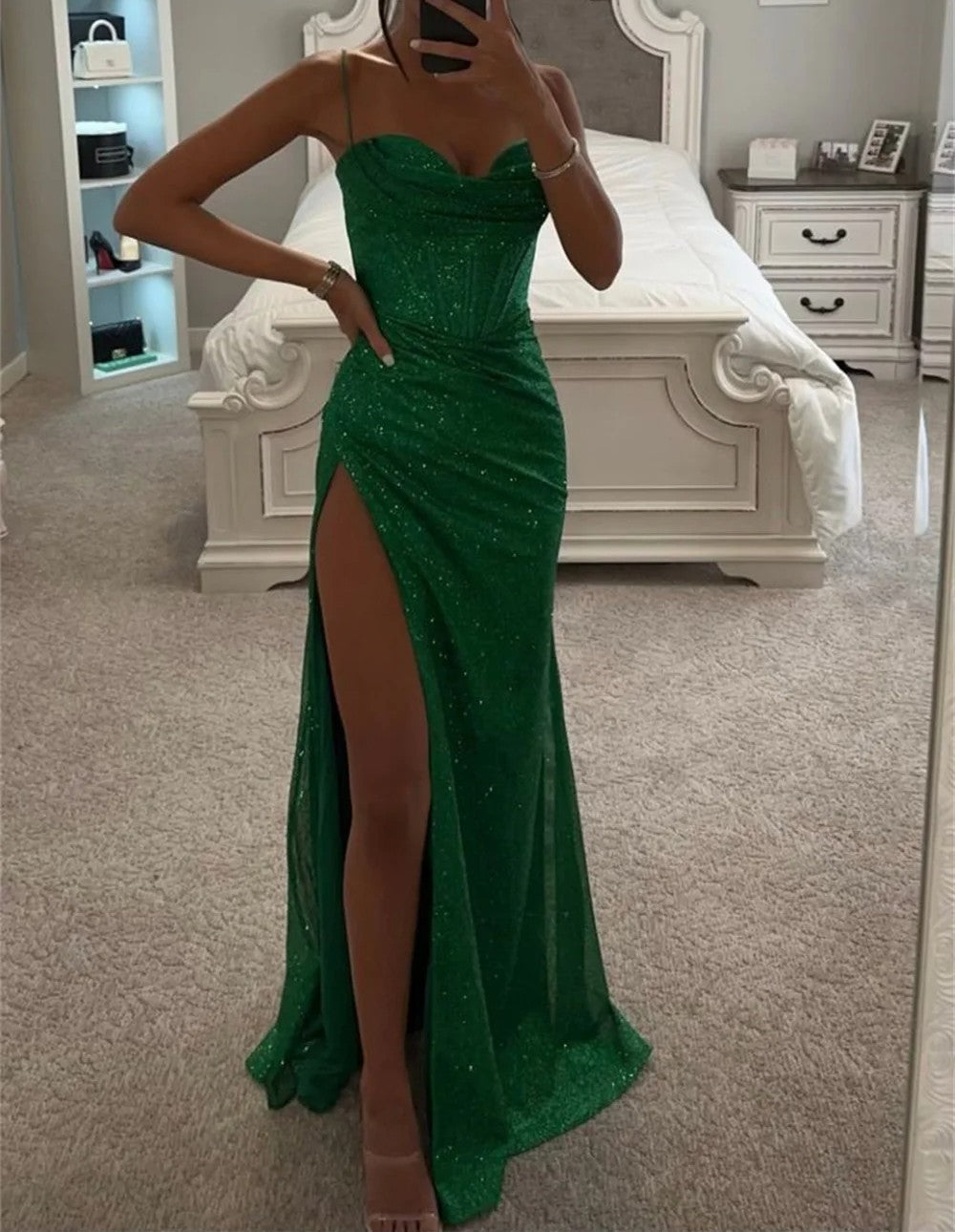 Sheath/Column Spaghetti Straps Floor-length Long Prom Dresses With Split Side BabaMila
