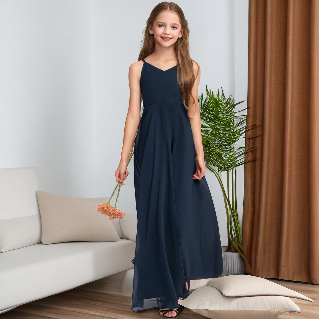A-line V-Neck Floor-Length Chiffon Junior Bridesmaid Dress With Bow Girls Gidiondress