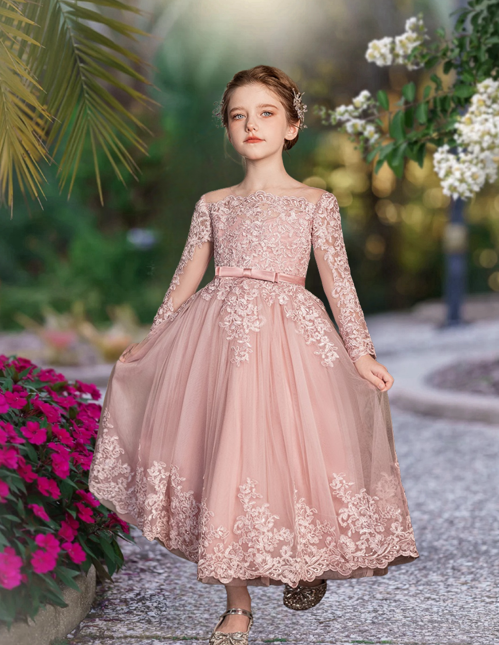 Holiday＆Christmas Dresses Scoop Neck Long Sleeve Floor-Length Satin/Lace/Tulle Girls Birthday Dresses With Appliques/Belt Girls Gidiondress