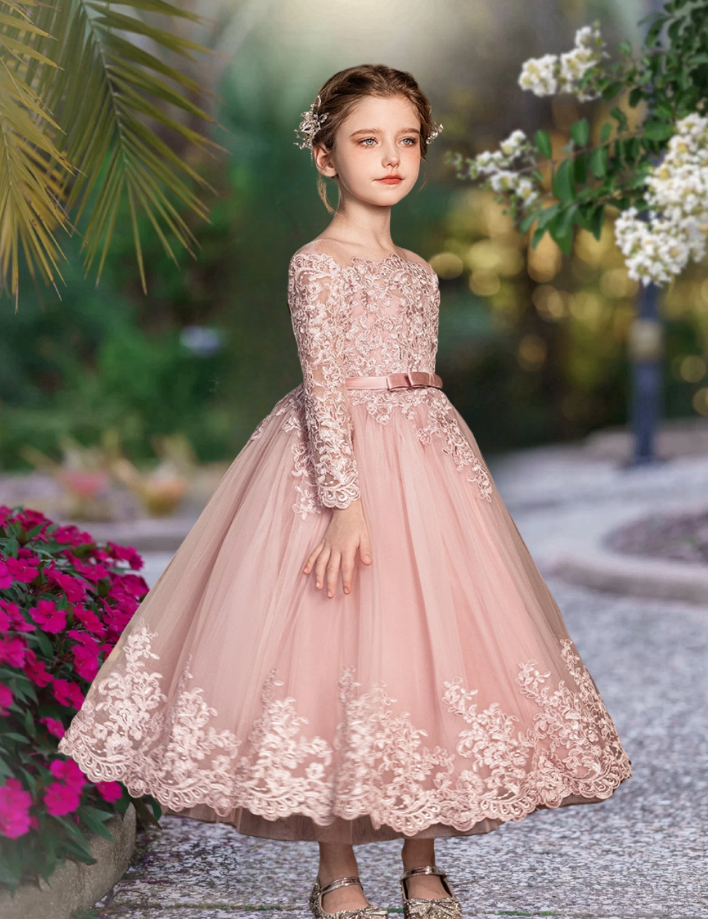 Holiday＆Christmas Dresses Scoop Neck Long Sleeve Floor-Length Satin/Lace/Tulle Girls Birthday Dresses With Appliques/Belt Girls Gidiondress