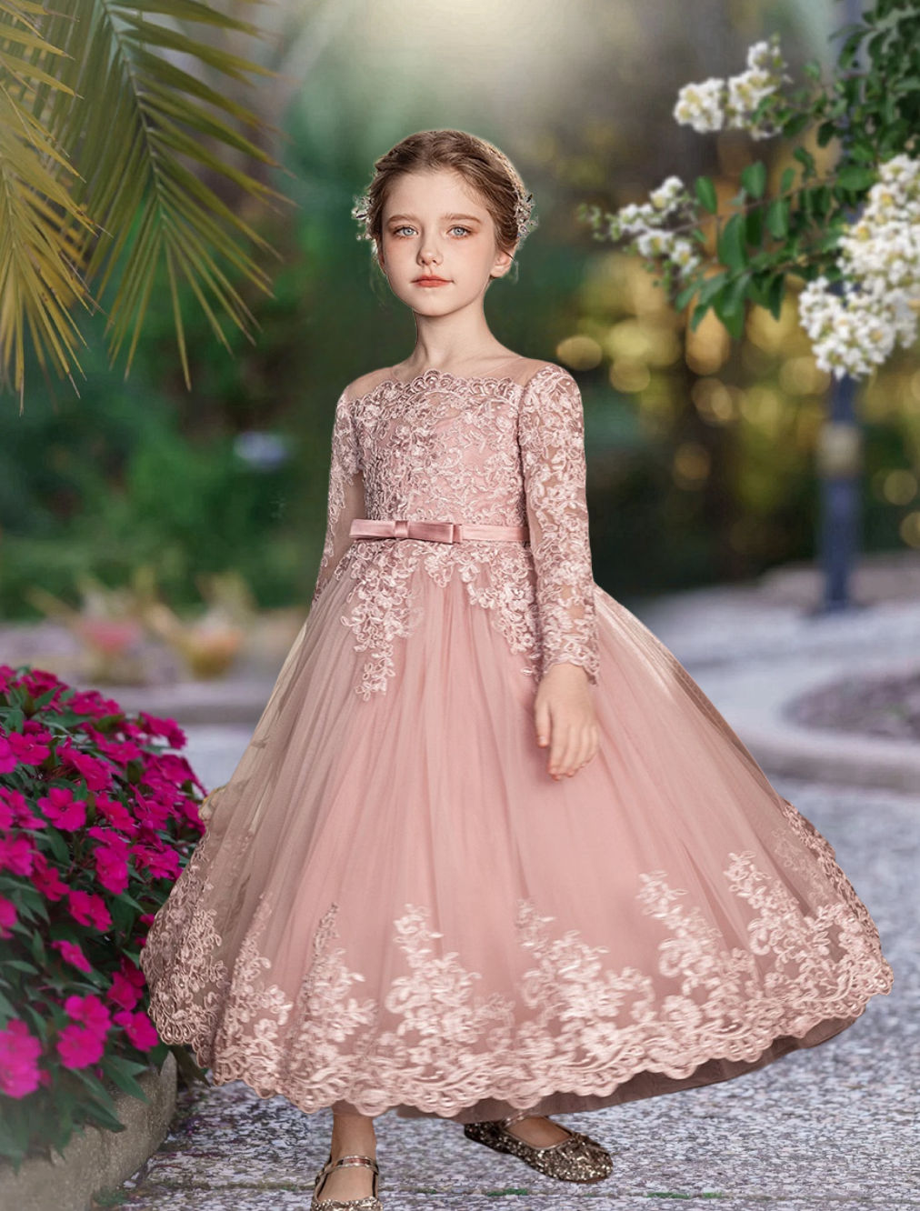 Holiday＆Christmas Dresses Scoop Neck Long Sleeve Floor-Length Satin/Lace/Tulle Girls Birthday Dresses With Appliques/Belt Girls Gidiondress