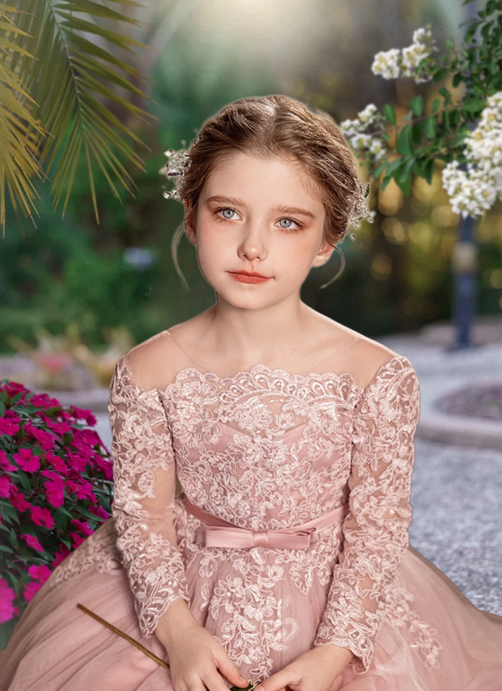 Holiday＆Christmas Dresses Scoop Neck Long Sleeve Floor-Length Satin/Lace/Tulle Girls Birthday Dresses With Appliques/Belt Girls Gidiondress