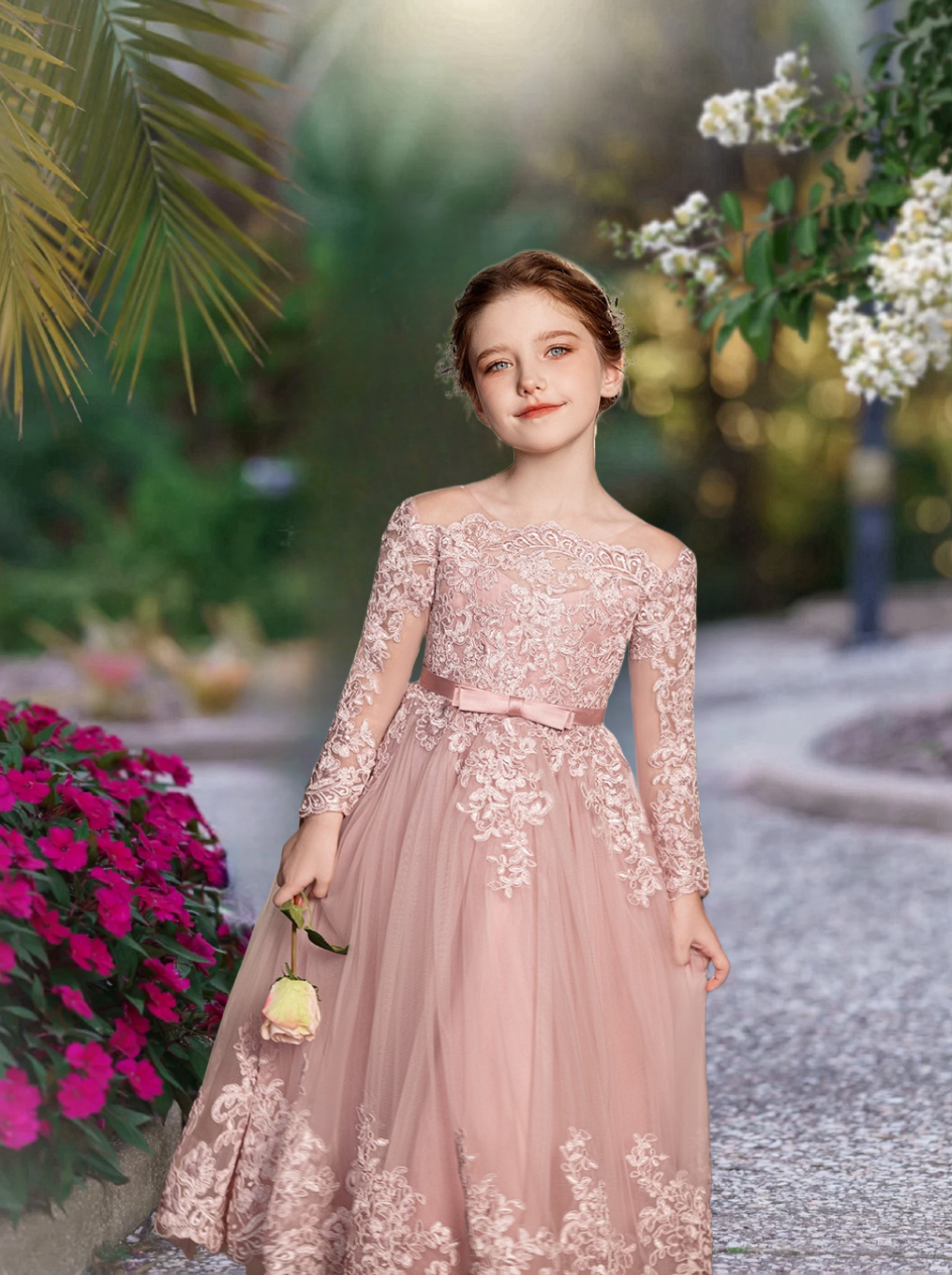 Holiday＆Christmas Dresses Scoop Neck Long Sleeve Floor-Length Satin/Lace/Tulle Girls Birthday Dresses With Appliques/Belt Girls Gidiondress