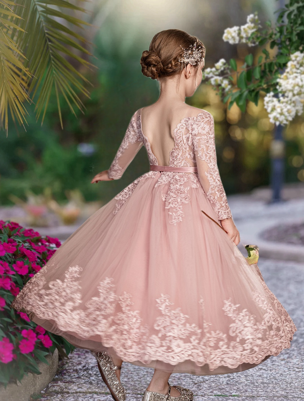 Holiday＆Christmas Dresses Scoop Neck Long Sleeve Floor-Length Satin/Lace/Tulle Girls Birthday Dresses With Appliques/Belt Girls Gidiondress