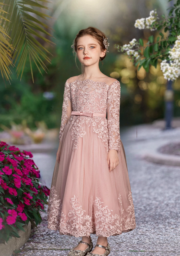 Holiday＆Christmas Dresses Scoop Neck Long Sleeve Floor-Length Satin/Lace/Tulle Girls Birthday Dresses With Appliques/Belt Girls Gidiondress