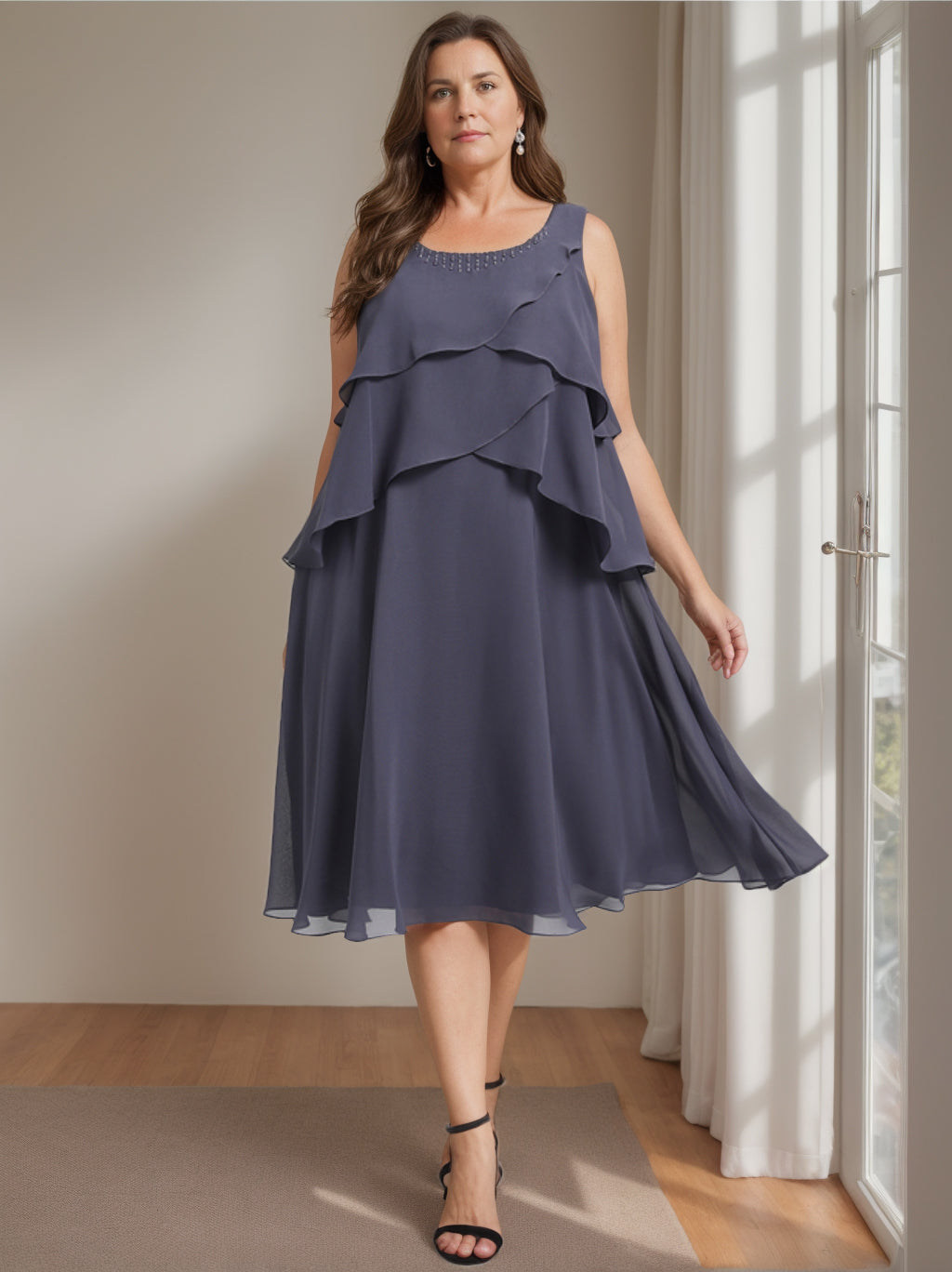A-Line/Princess Scoop Sleeveless Knee-Length Plus Size Mother Of The Bride Dresses With Beading BabaMila