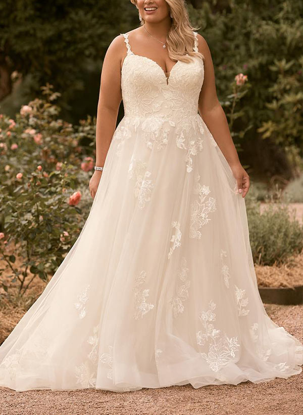 A-Line/Princess Spaghetti Straps V-Neck Plus Size Lace Wedding Dress with Applique BabaMila