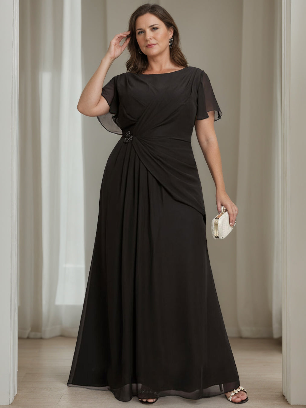 A-Line/Princess Round Neck Short Sleeves Floor-Length Plus Size Mother Of The Bride Dresses With Ruffles BabaMila