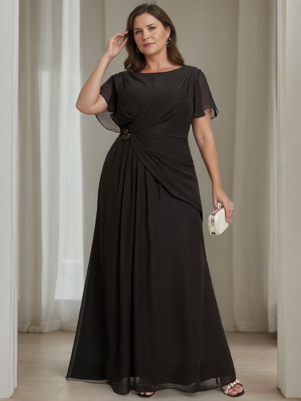 A-Line/Princess Round Neck Short Sleeves Floor-Length Plus Size Mother Of The Bride Dresses With Ruffles BabaMila