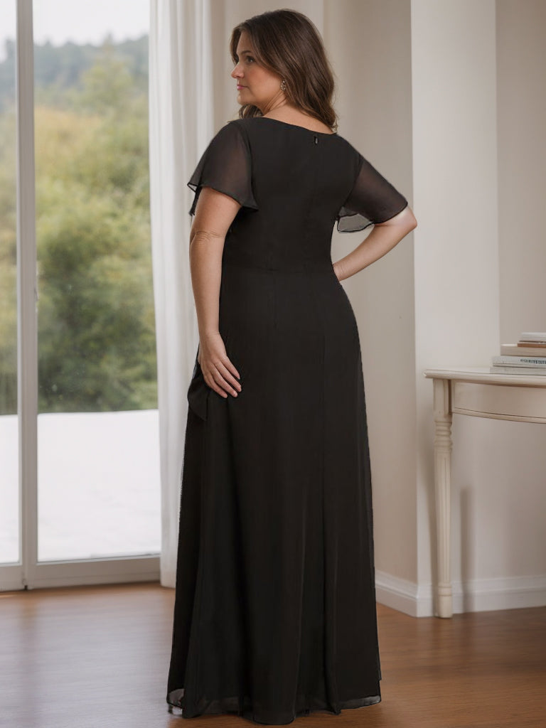A-Line/Princess Round Neck Short Sleeves Floor-Length Plus Size Mother Of The Bride Dresses With Ruffles BabaMila