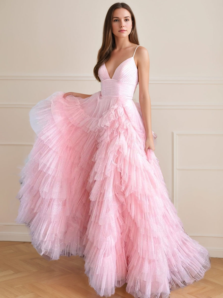 A-Line/PrincessSweetheart Neck Spaghetti Straps Tulle Prom Dresses with Cascading Ruffles BabaMila