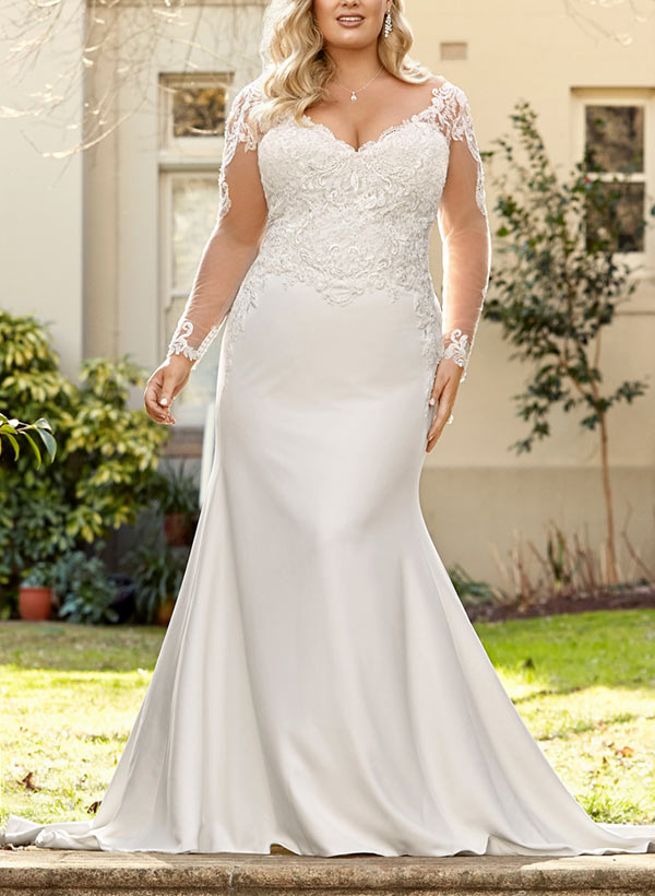 Trumpet/Mermaid V-Neck Long Sleeves Plus Size Lace Wedding Dress with Applique BabaMila