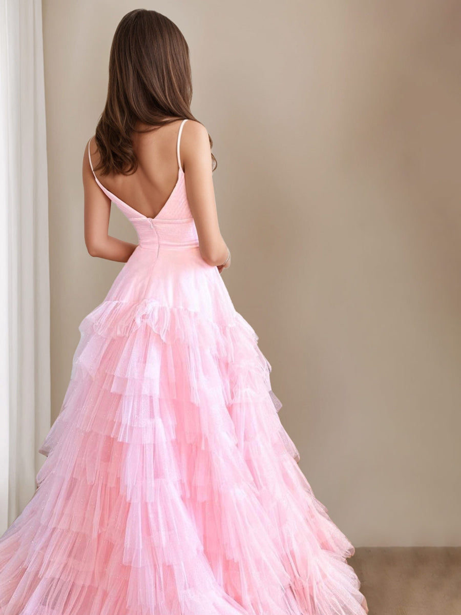 A-Line/PrincessSweetheart Neck Spaghetti Straps Tulle Prom Dresses with Cascading Ruffles BabaMila