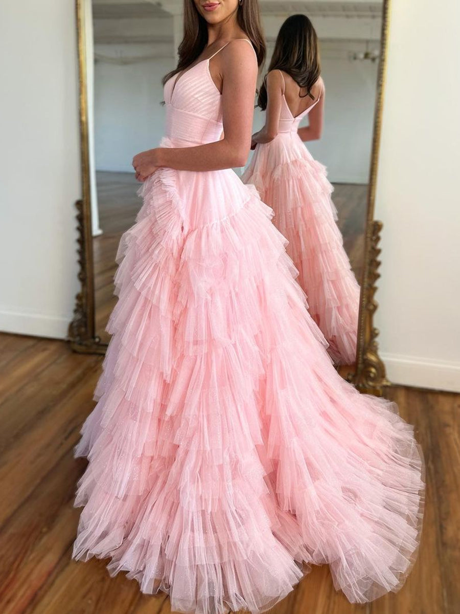 A-Line/PrincessSweetheart Neck Spaghetti Straps Tulle Prom Dresses with Cascading Ruffles BabaMila