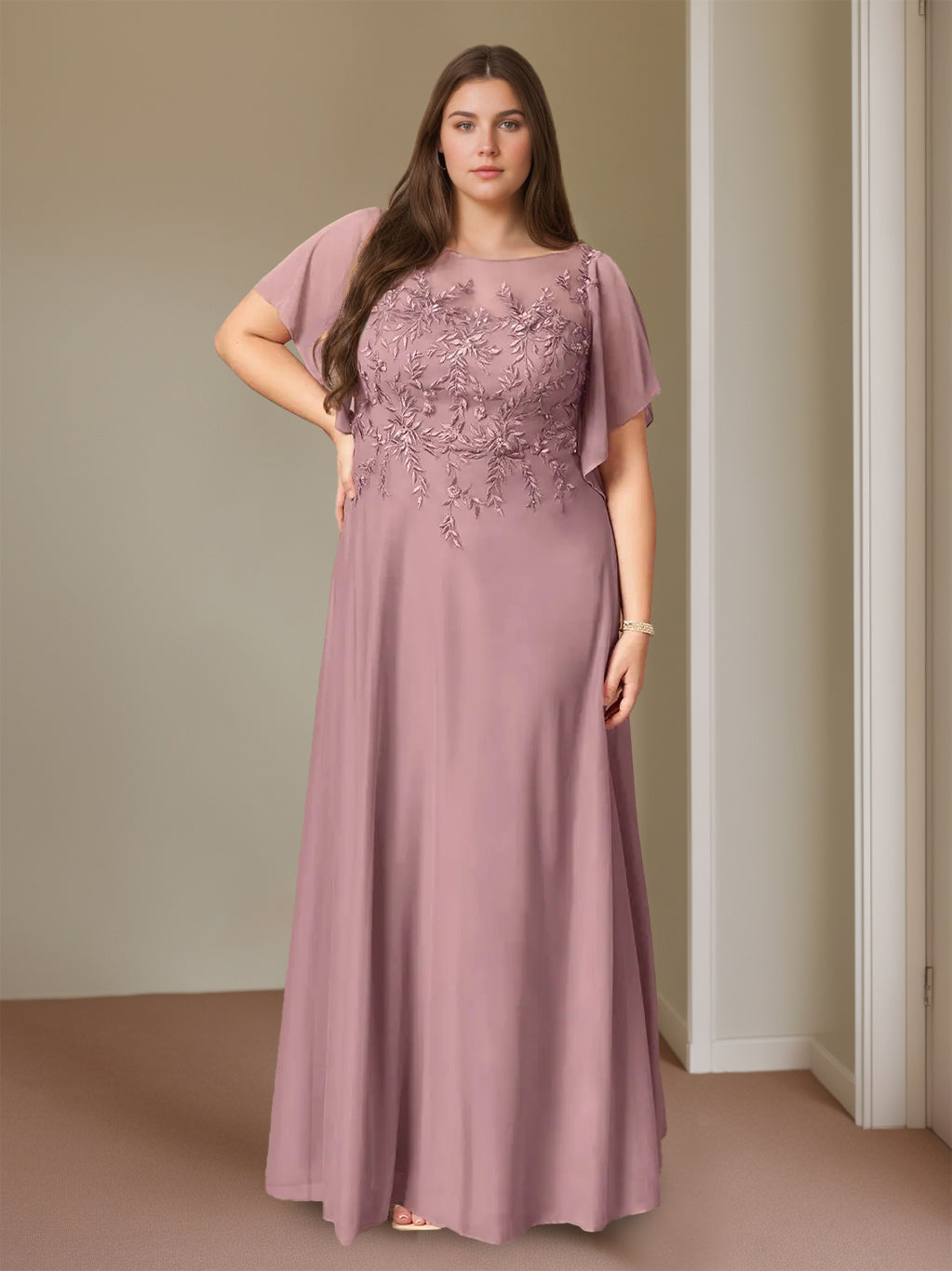 A-Line/Princess Round Neck Short Sleeves Floor-Length Plus Size Mother Of The Bride Dresses With Lace BabaMila