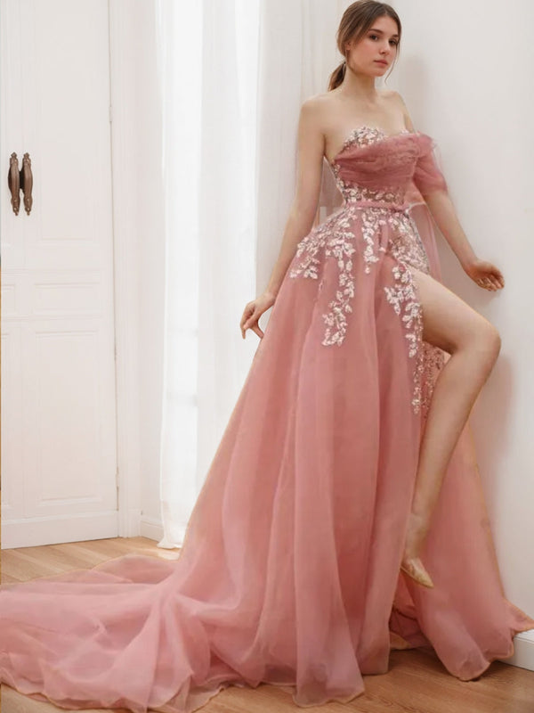 A-Line/Princess Sweetheart Neck Off-the-shoulder Asymmetrical Tulle Prom Dresses with Appliques/Slit BabaMila